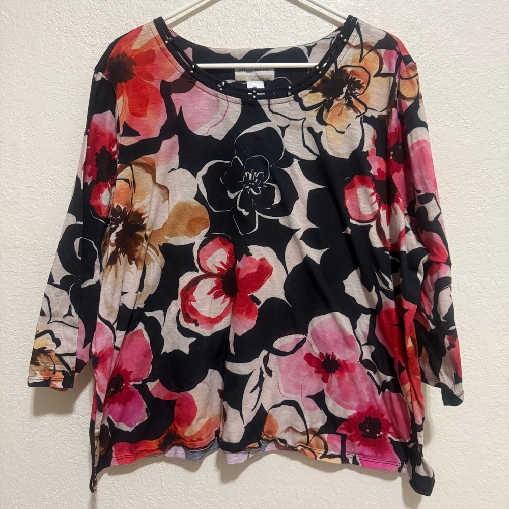 Alfred Dunner Womens 3X Floral Print‎ Top 3/4 Sleeve Studded Neckline Pink Black